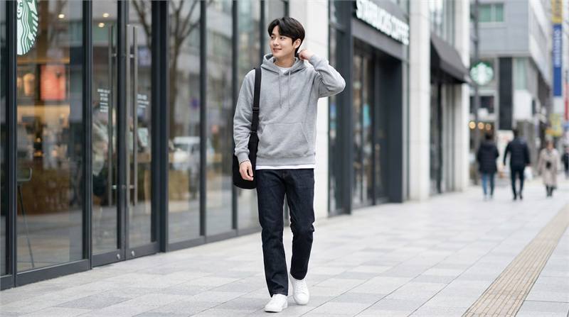 Áo hoodie streetwear kết hợp quần jeans phom gọn, thêm sneaker hoặc boots thấp cổ, tạo vẻ nam tính và năng động.