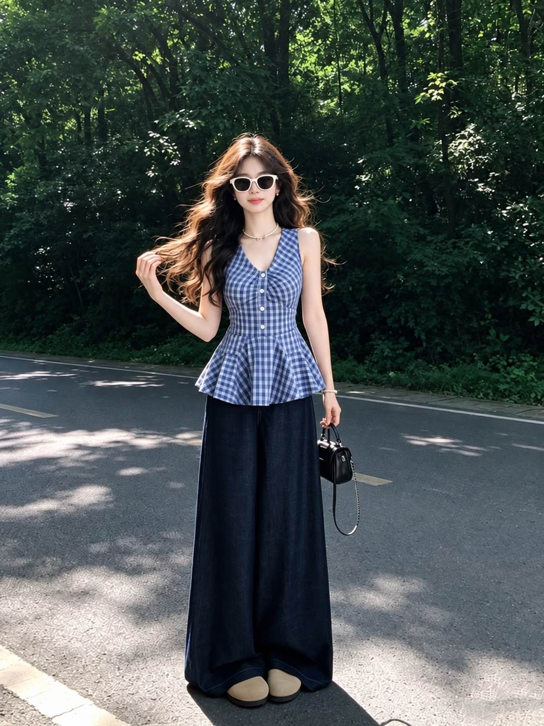 Áo peplum kẻ xanh có đường chiết đúng eo và tà áo rơi tự nhiên.