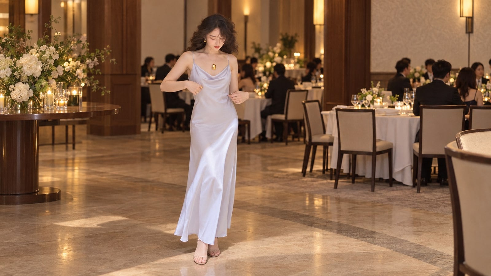 Đầm satin cổ đổ phối sandal quai mảnh cho buổi Year End Party tại khách sạn
