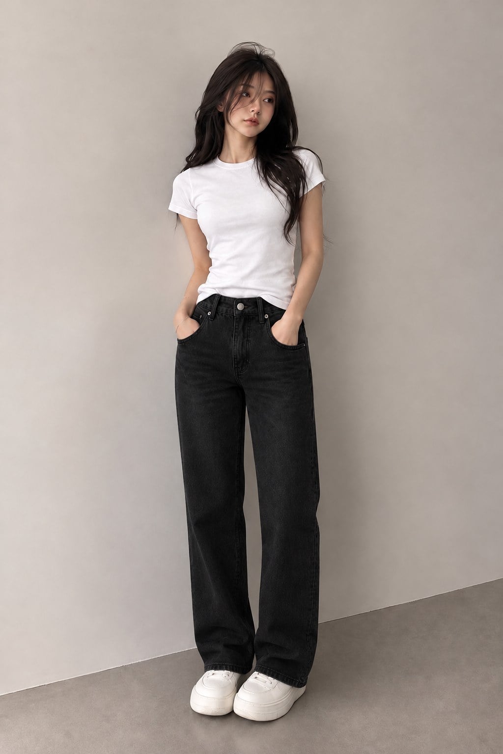 Áo thun trắng gọn cùng jeans đen ống suông và sneaker cho buổi dạo phố