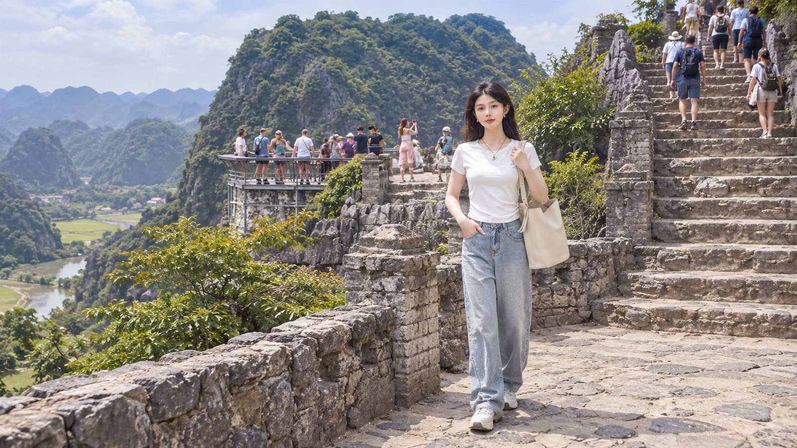 Áo thun trắng, jeans ống suông và sneaker trên lối đá Hang Múa