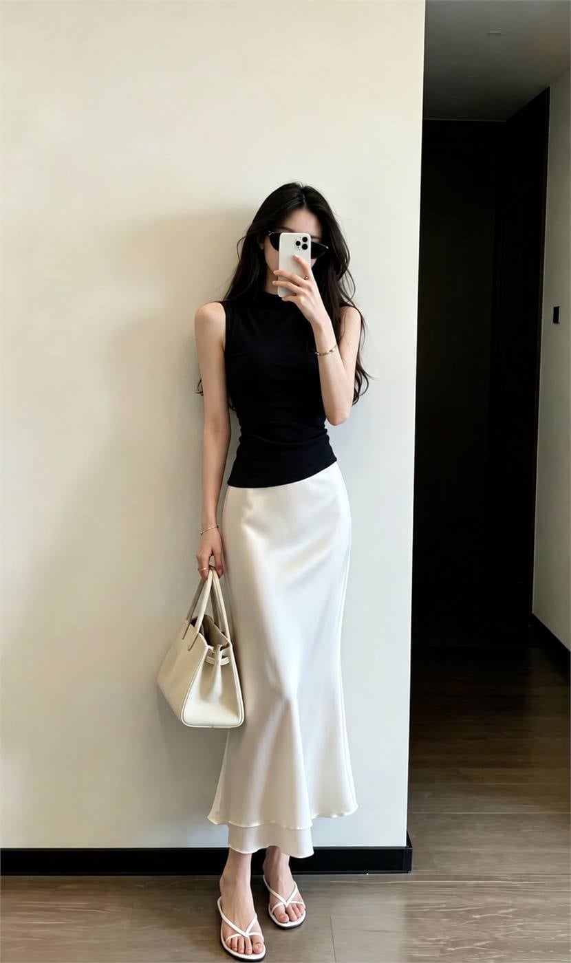 Chân váy lụa dài màu trắng phối áo đen và giày gót thấp dáng gọn