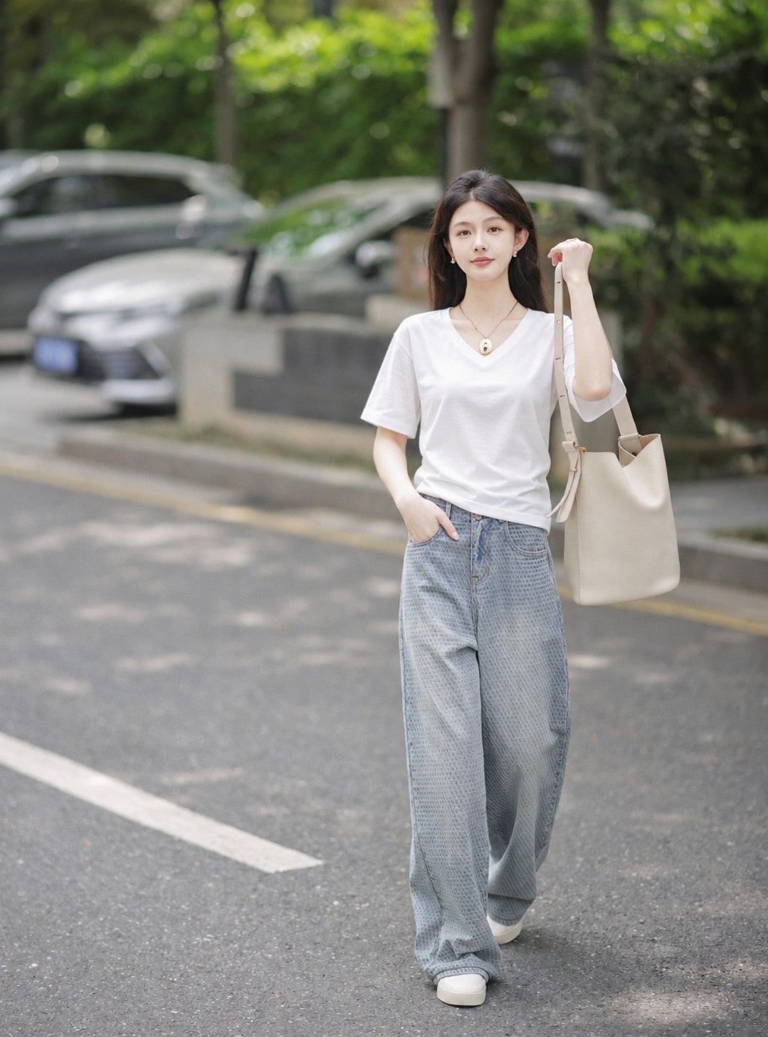 Áo thun trắng cổ V tay lỡ phối quần jeans ống suông cho ngày thường