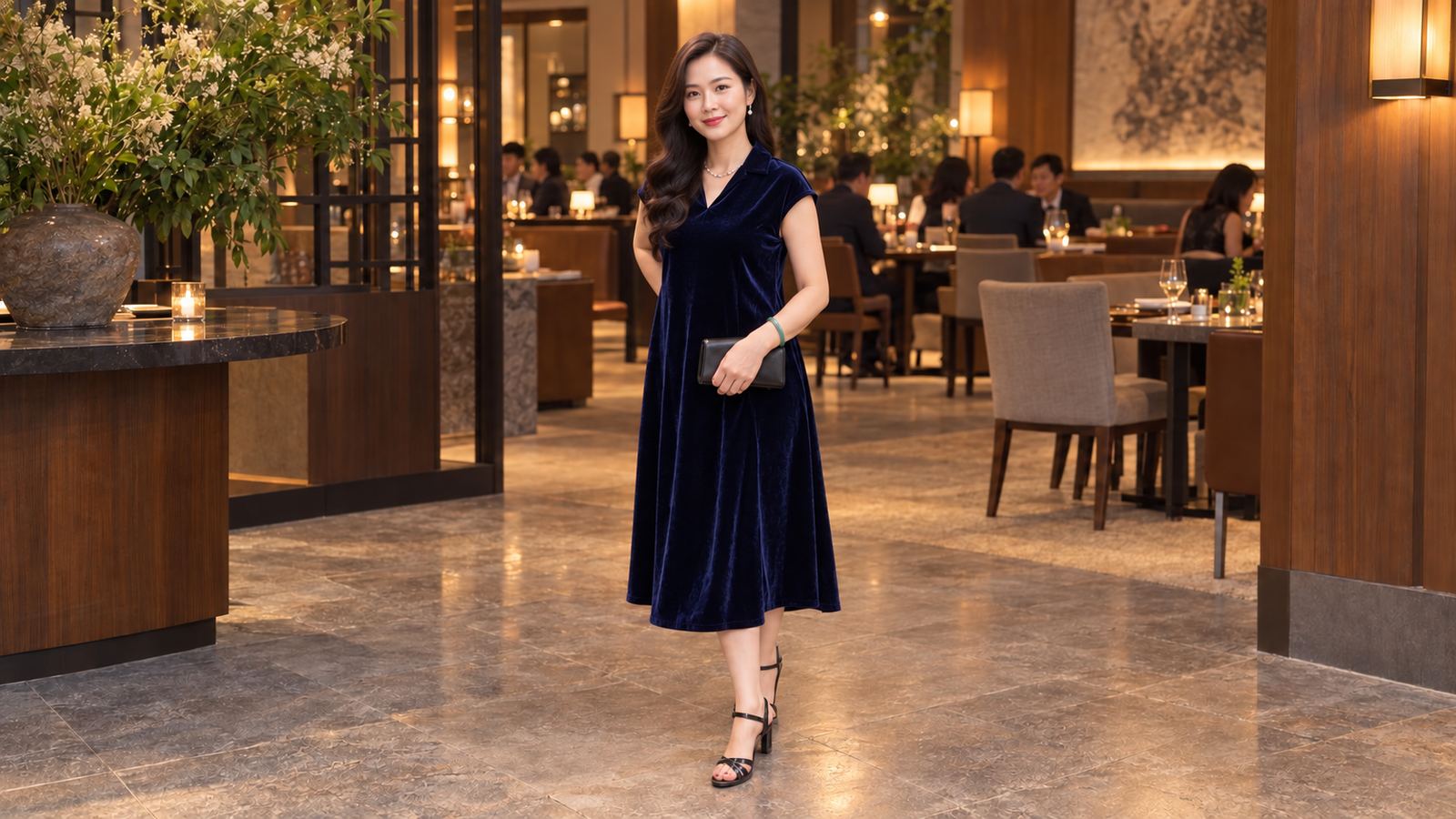 Đầm nhung navy dáng suông qua gối và clutch nhỏ cho tiệc tất niên trong nhà
