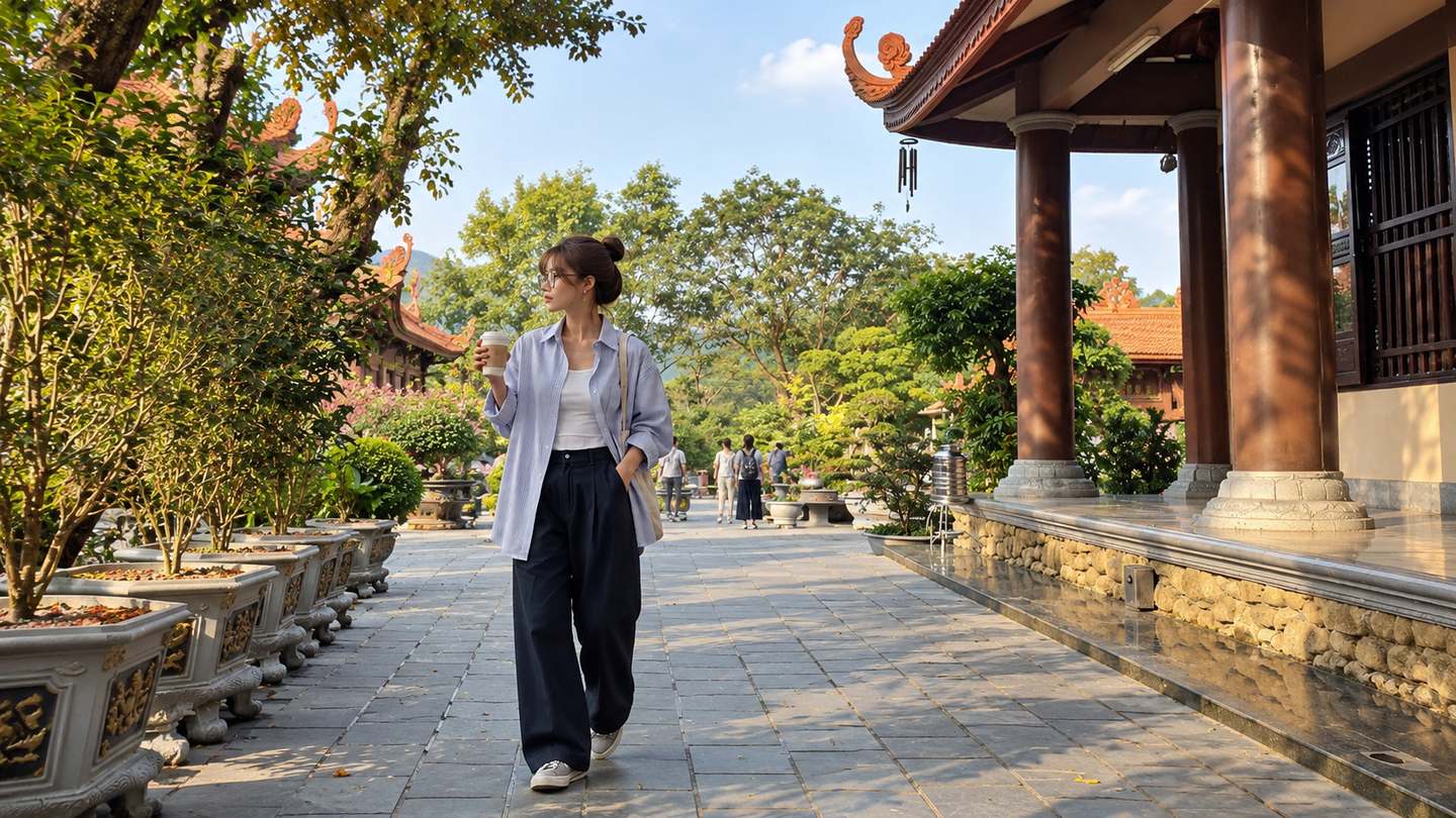 Sơ mi dài tay khoác ngoài và quần dài kín đáo khi tham quan đền chùa