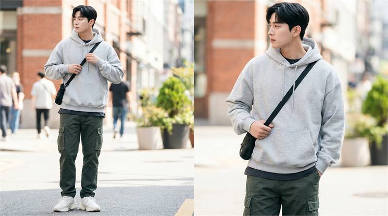 Set đồ street style cá tính với hoodie trơn, quần túi hộp màu đen, olive hoặc xám, cùng sneaker đế thấp.