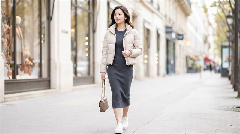 Phối váy body ôm sát cùng áo khoác phao croptop cá tính, giúp giữ ấm mà vẫn tôn dáng, tạo vẻ cân đối và thời thượng cho ngày lạnh.