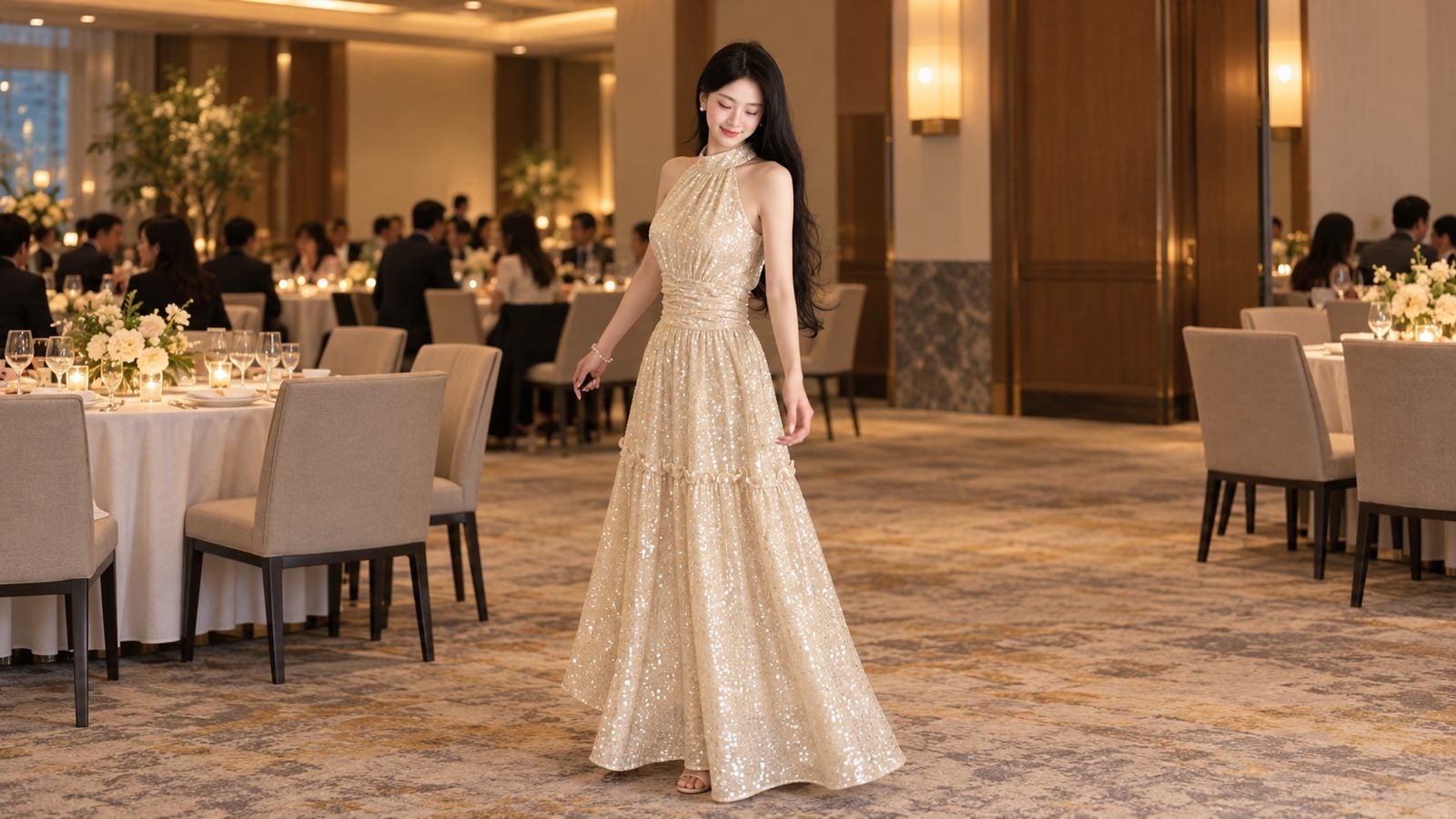Đầm sequin champagne một màu cùng phụ kiện tối giản trong không gian gala