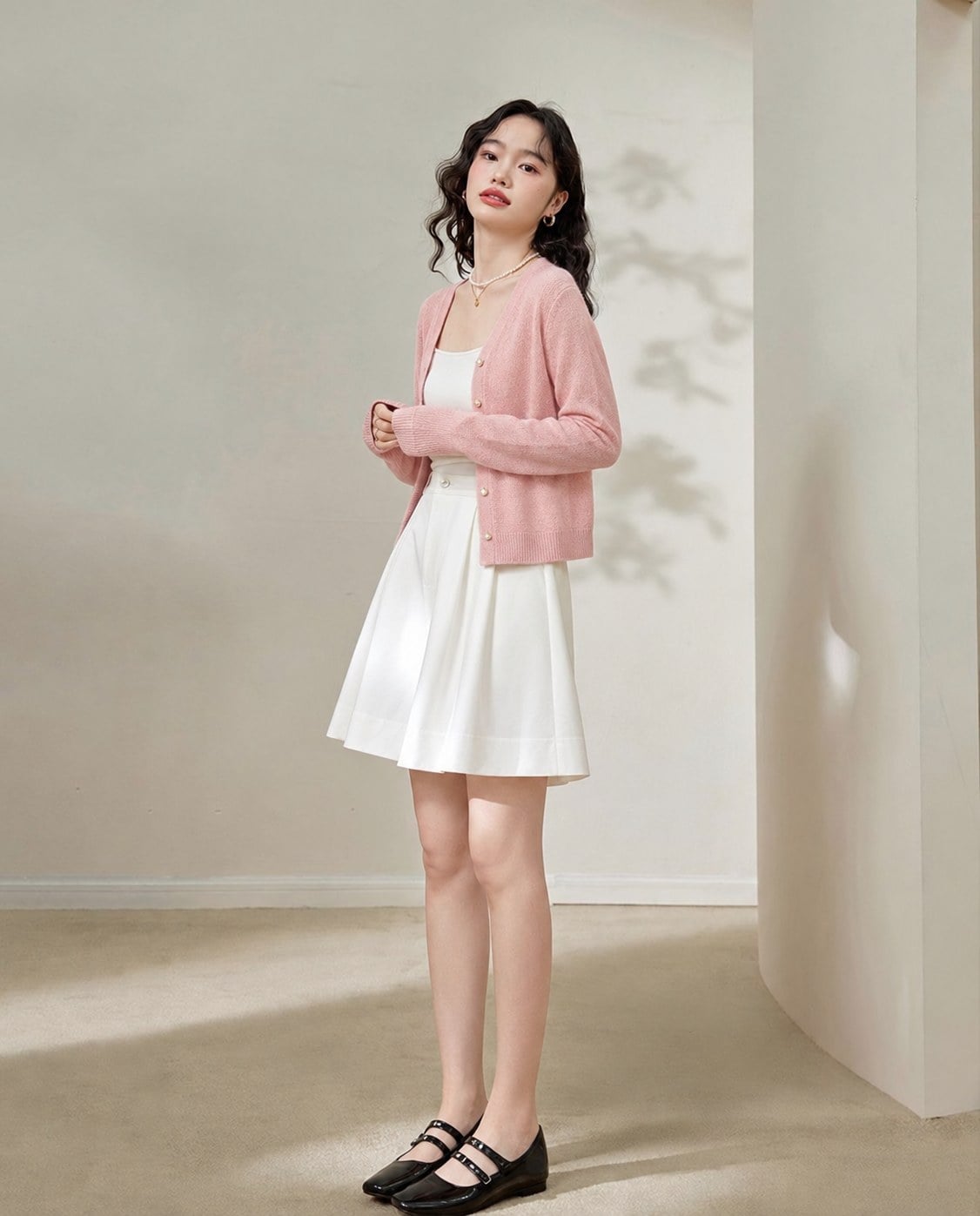 Cardigan hồng nhạt phối chân váy chữ A màu ngà và giày Mary Jane cho buổi hẹn xem phim