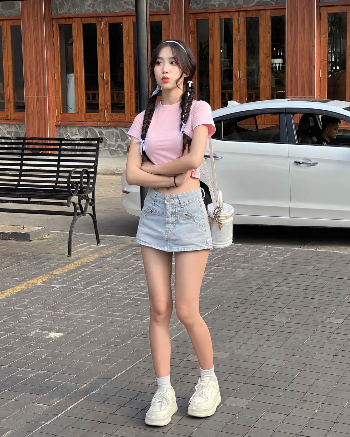 Chân váy jean ngắn phối sneaker đế dày vừa màu kem