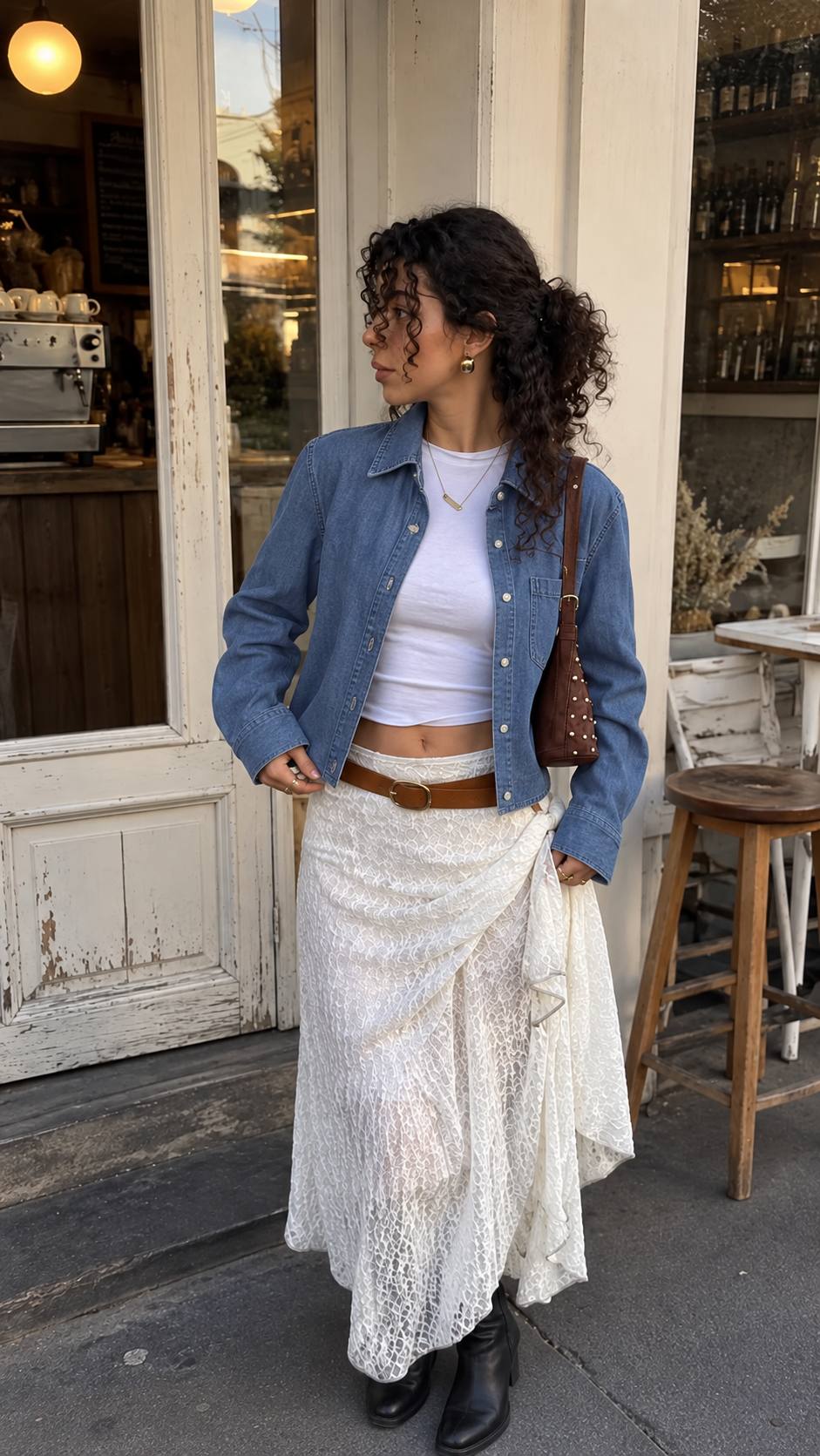 Sơ mi denim mỏng khoác ngoài áo trắng, phối chân váy ren dài màu kem.