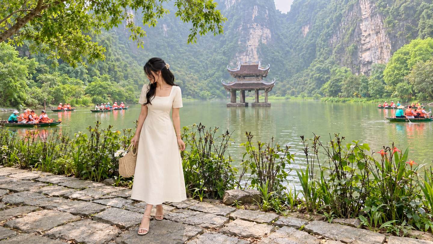 Đầm midi màu kem và sandal đế bằng cho buổi đi thuyền ở Ninh Bình