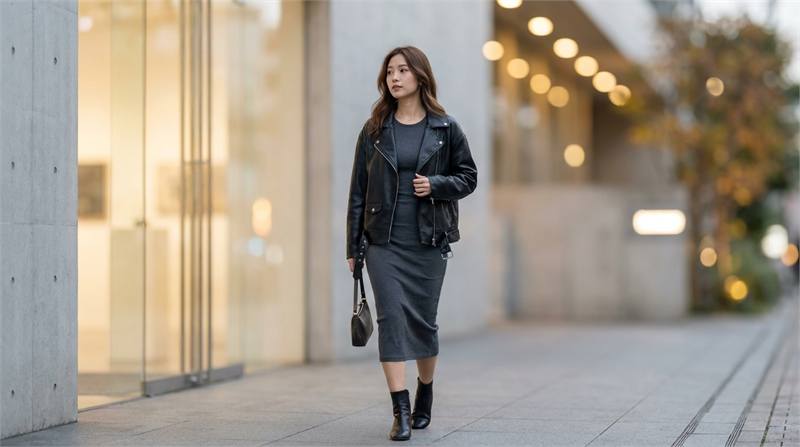 Váy body ôm phối áo khoác da đen cá tính, mạnh mẽ, hiện đại, tạo phong cách sắc nét, nổi bật cho buổi tối, đi chơi.