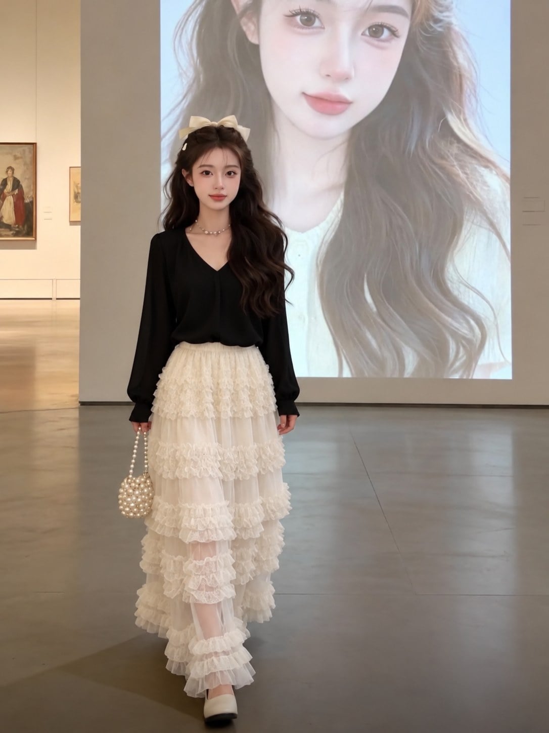 Blouse đen ít chi tiết phối chân váy ren dài nhiều tầng cho buổi hẹn tối.