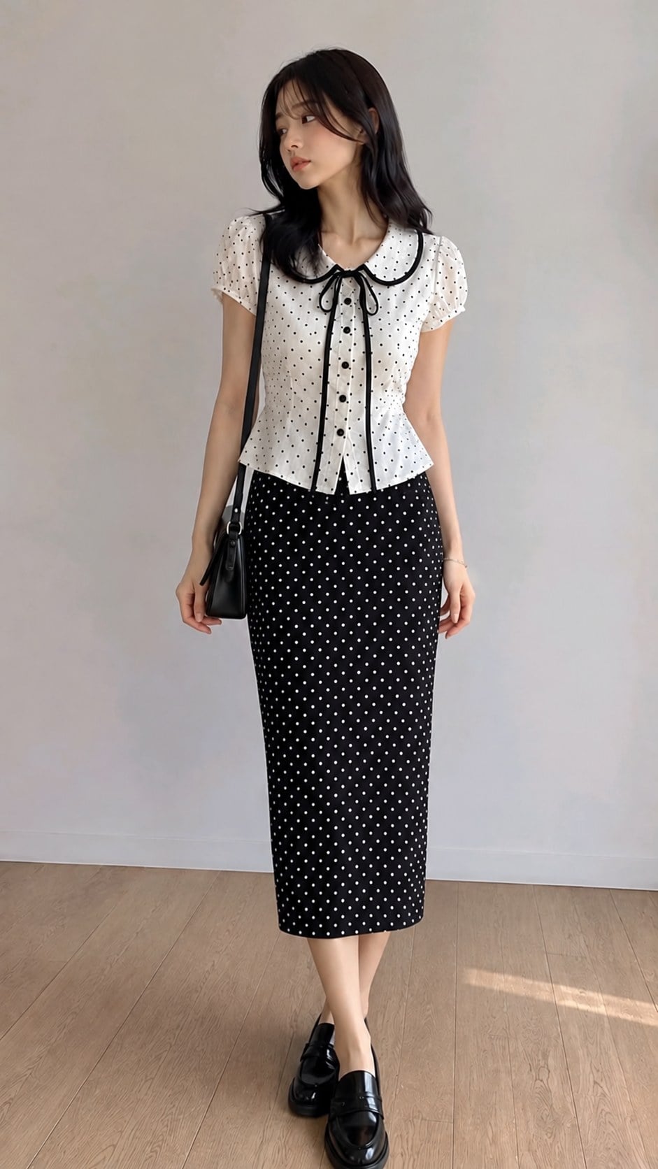 Áo peplum trắng chấm bi phối chân váy bút chì midi, tà áo thả ngoài cạp.