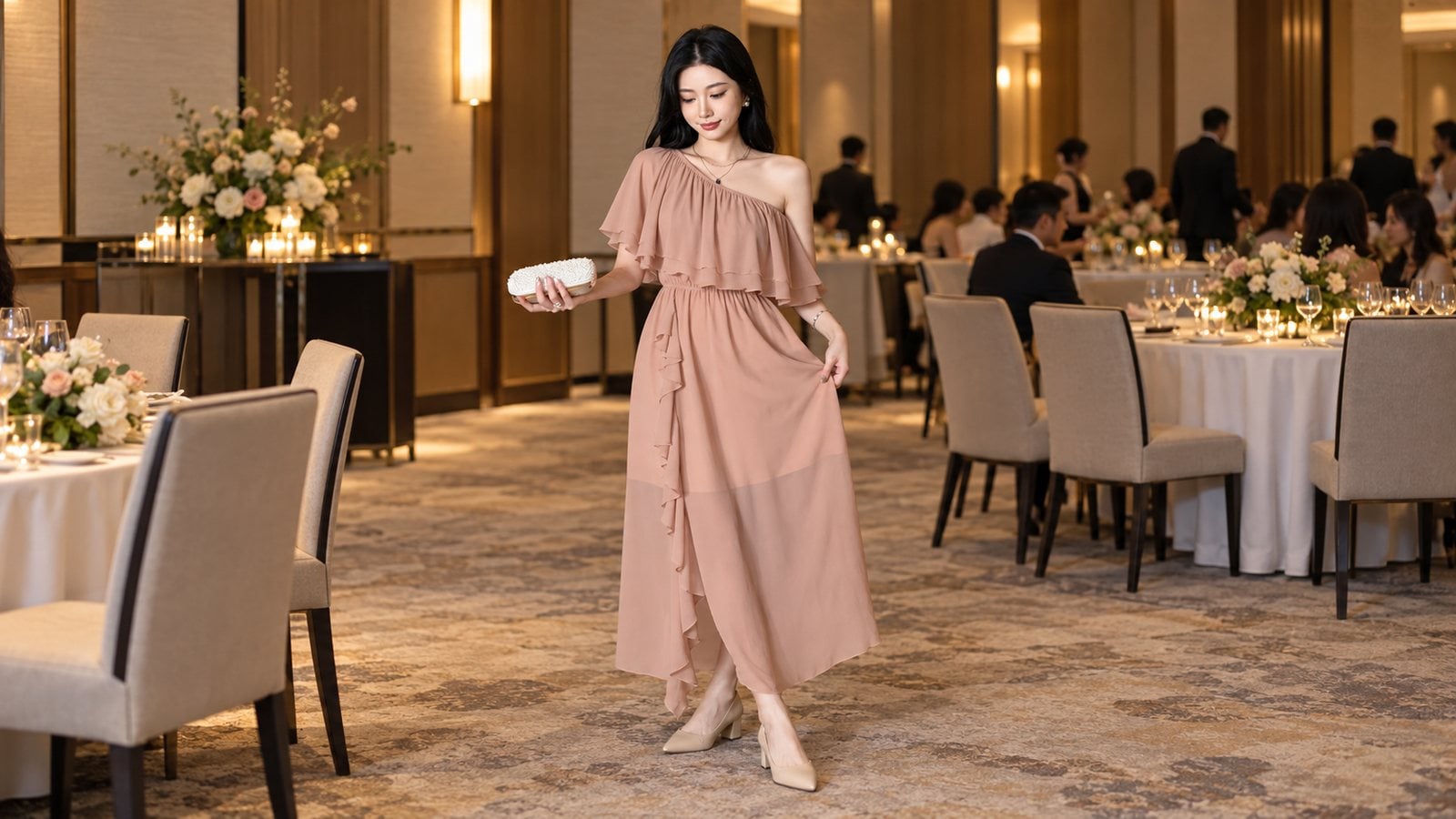 Đầm lệch vai midi màu hồng đất và giày gót thấp cho buổi tiệc cuối năm