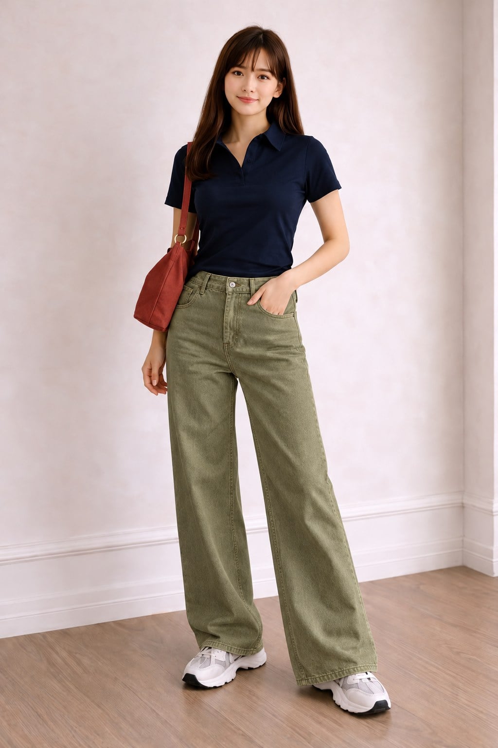 Túi đỏ gạch tạo điểm nhấn nhỏ trên set áo navy và quần olive.