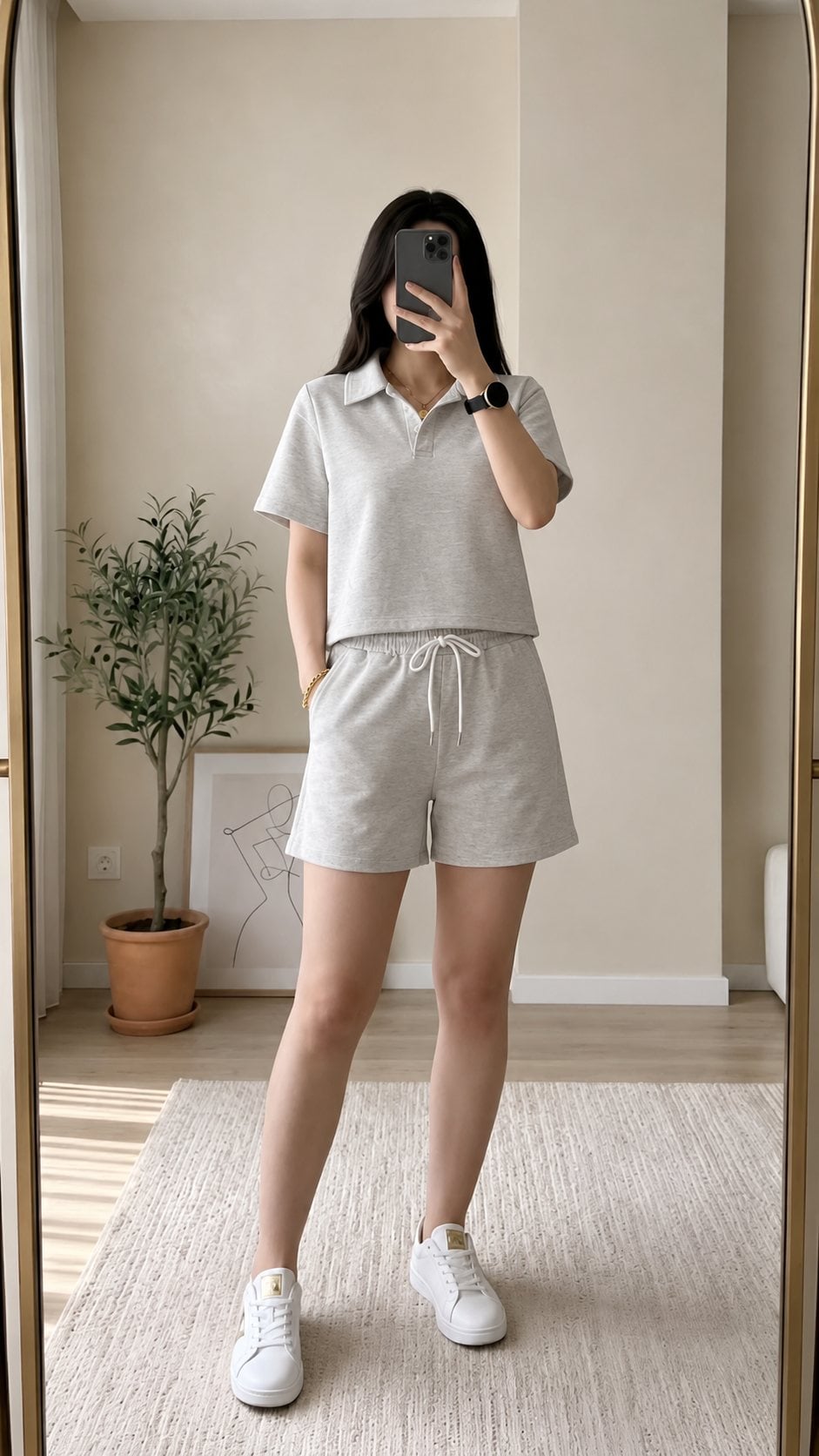 Polo boxy trắng phối quần short có phom và sneaker gọn.