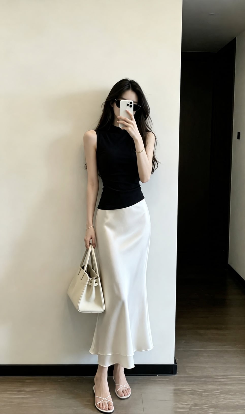 Chân váy lụa trắng phối áo đen và sandal trắng quai mảnh cho ngày nóng