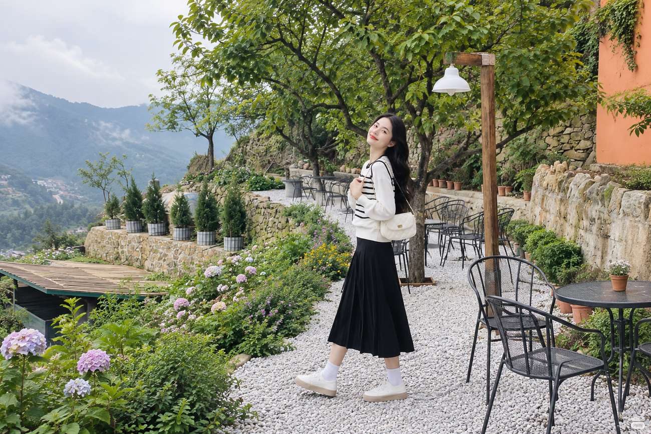 Outfit đi Tam Đảo: Áo len mỏng, chân váy midi và giày đế thấp