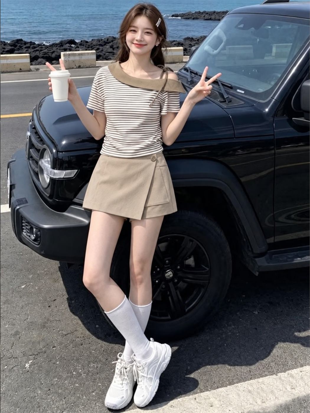 Quần giả váy màu be với lớp vạt chéo phía trước và quần short bên trong
