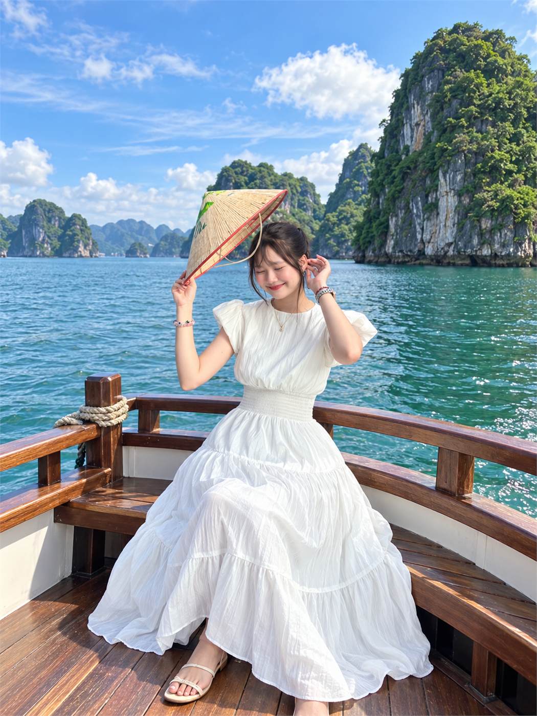 Gợi ý đầm maxi trắng cùng sandal đế bệt khi ngắm cảnh trên thuyền