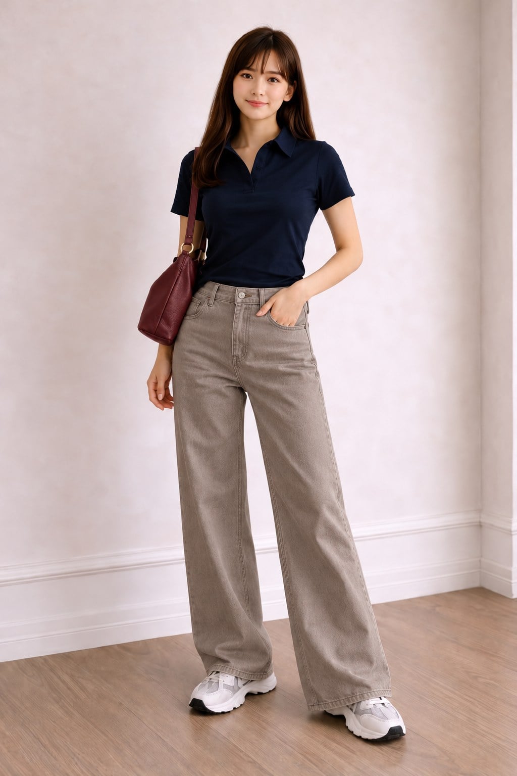 Quần taupe phối áo navy và túi burgundy làm điểm nhấn cho bộ đồ.