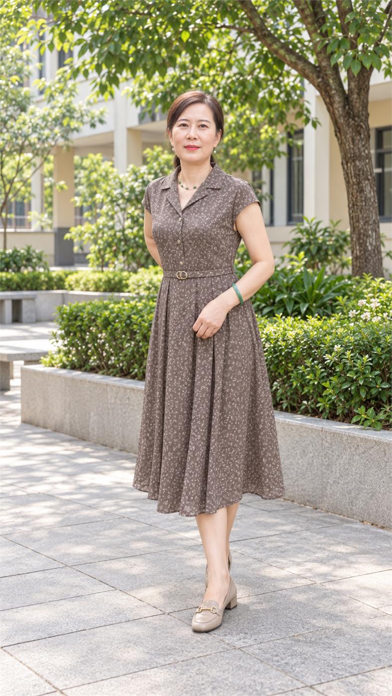 Mẹ diện đầm midi họa tiết nhỏ trong sân trường