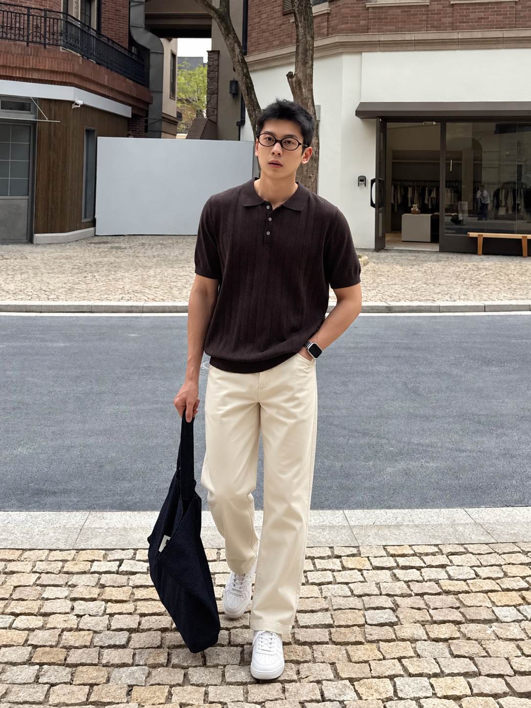 Polo nâu và chinos kem cùng sneaker gọn cho nam đi cà phê