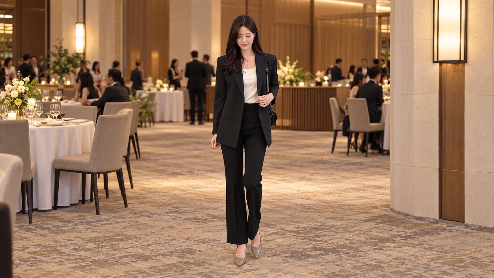 Suit nữ đen đơn sắc và áo lụa ngà tinh giản cho Year End Party thanh lịch