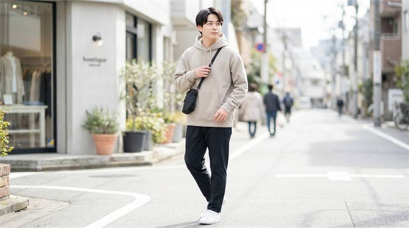 Phối hoodie đơn giản trở nên sành điệu với túi đeo chéo nhỏ gọn và sneaker, tạo điểm nhấn thời trang đầy chủ đích.