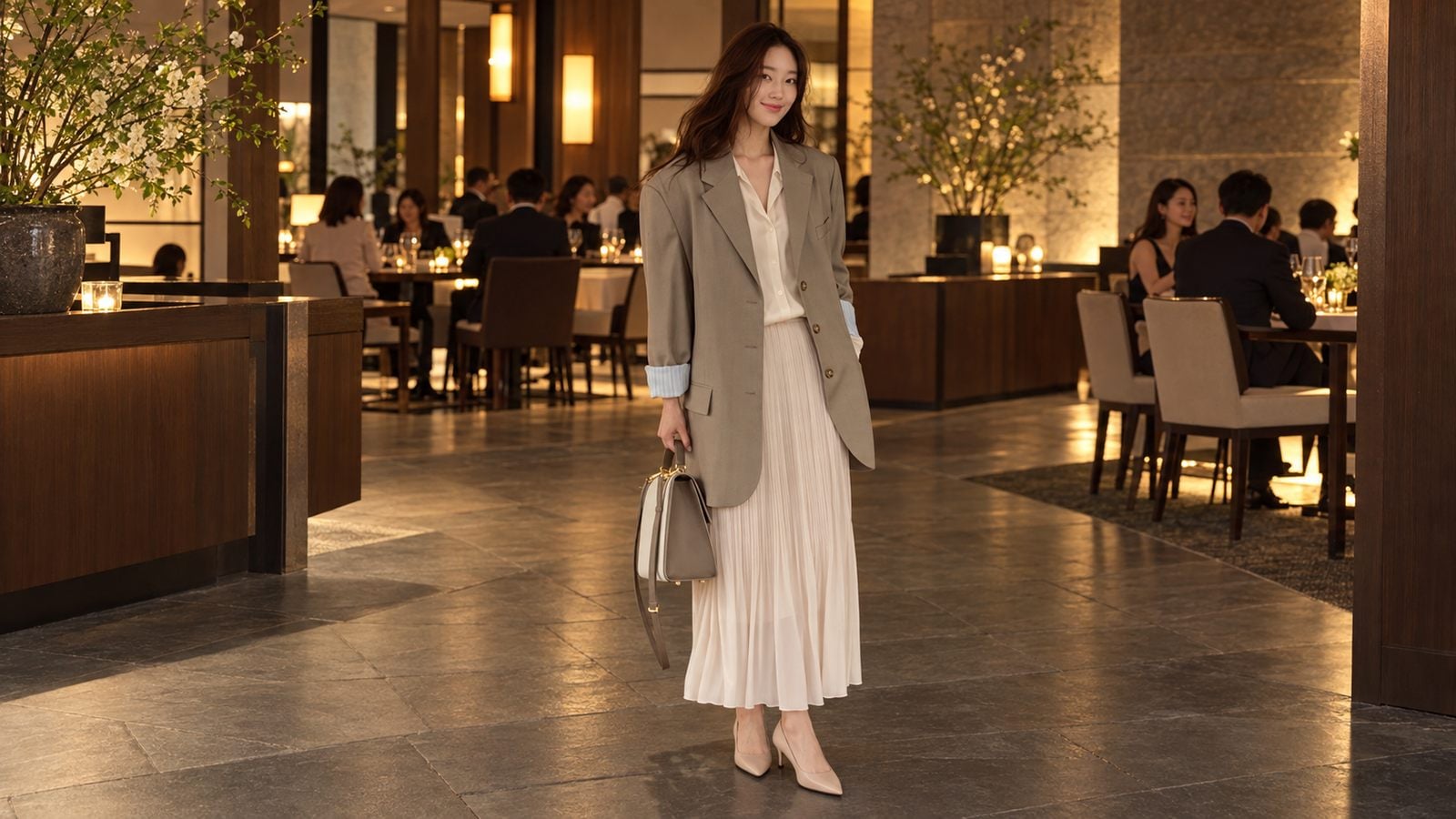Blazer be, chân váy midi và áo lụa cho buổi tiệc sau giờ làm
