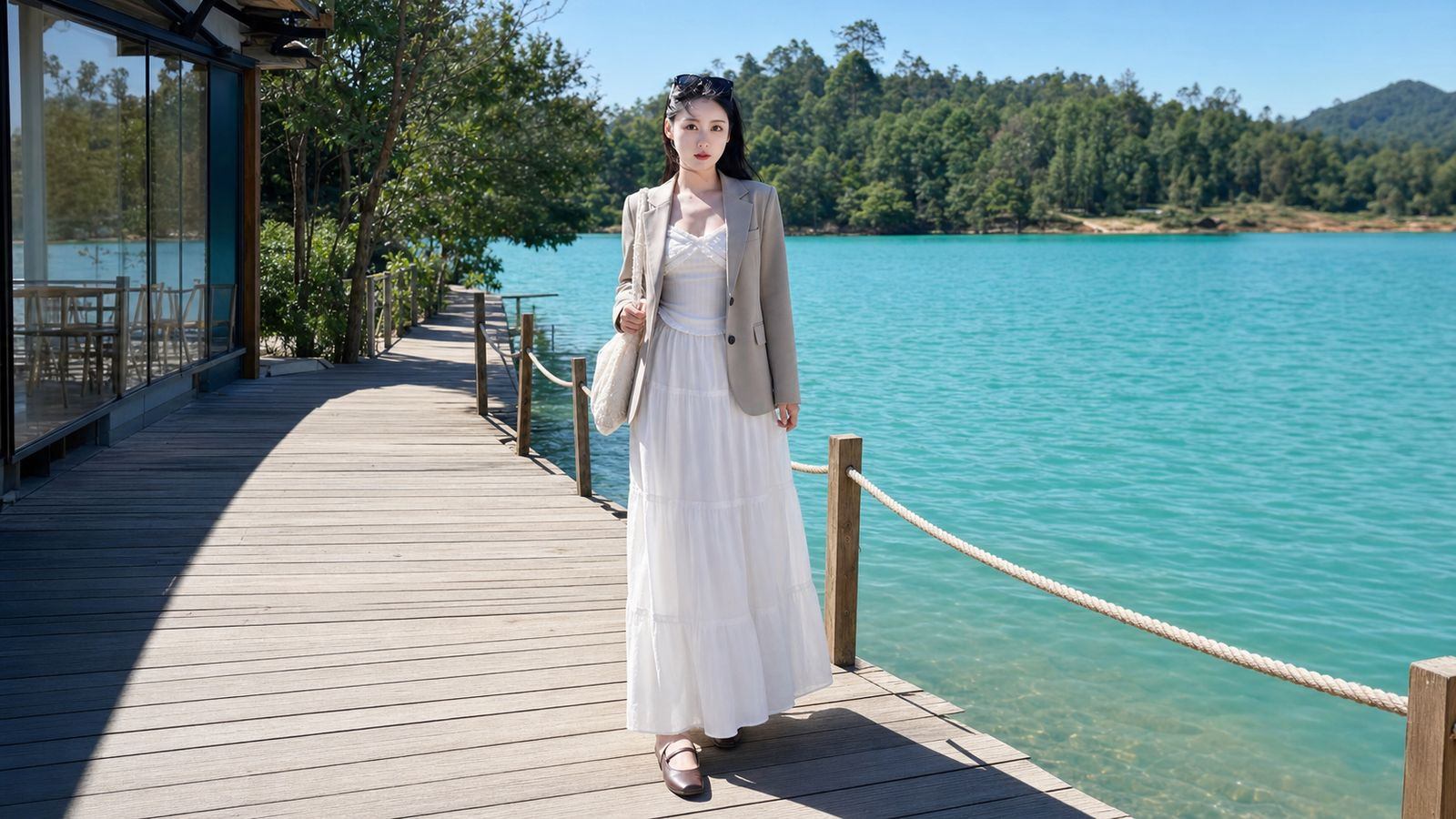 Chân váy trắng dài phối với blazer trung tính