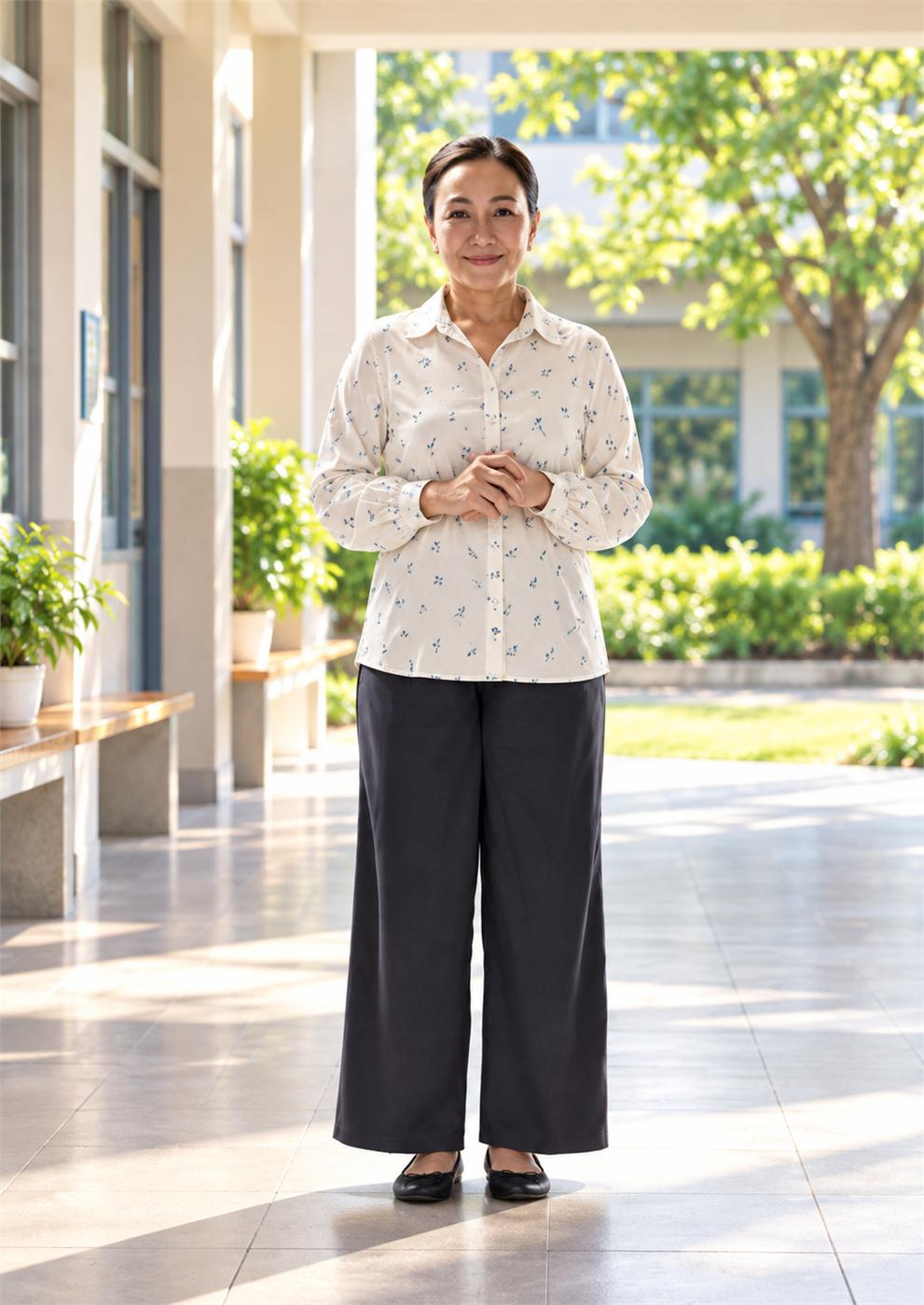 Mẹ phối sơ mi mềm với quần ống đứng khi chụp kỷ yếu