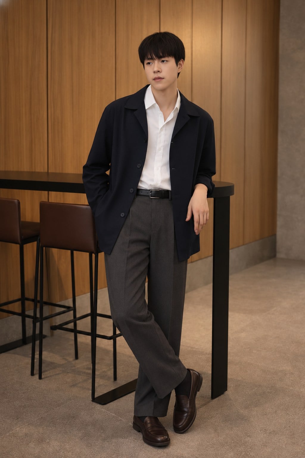 Blazer navy phối sơ mi trắng, quần tây xám và loafer cho vị trí trang trọng