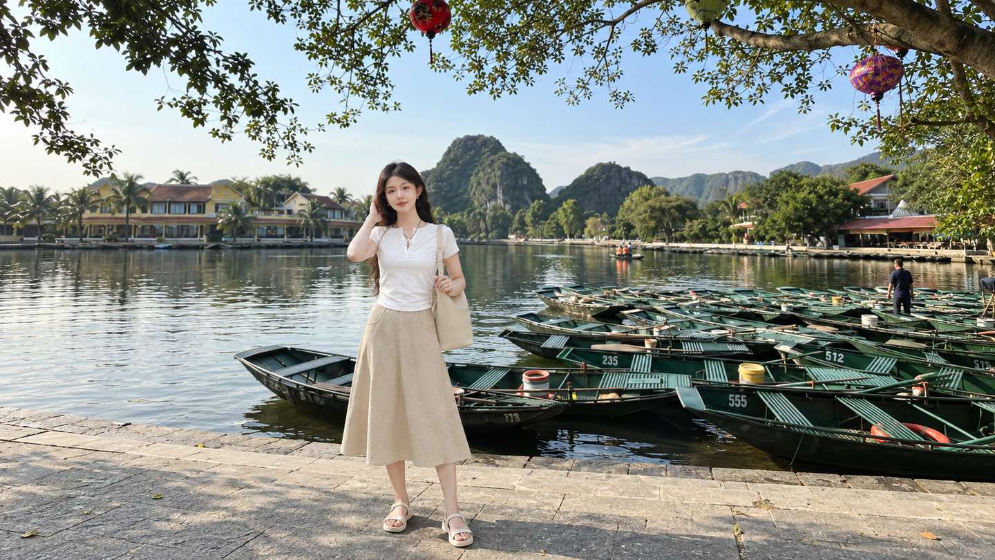 Áo thun trắng phối chân váy chữ A qua gối và sandal quai hậu