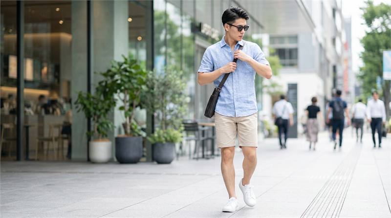 Áo sơ mi nam tay ngắn phối quần short trên gối cùng sandal da hoặc sneaker, tạo phong cách trẻ trung, thoải mái đi chơi.