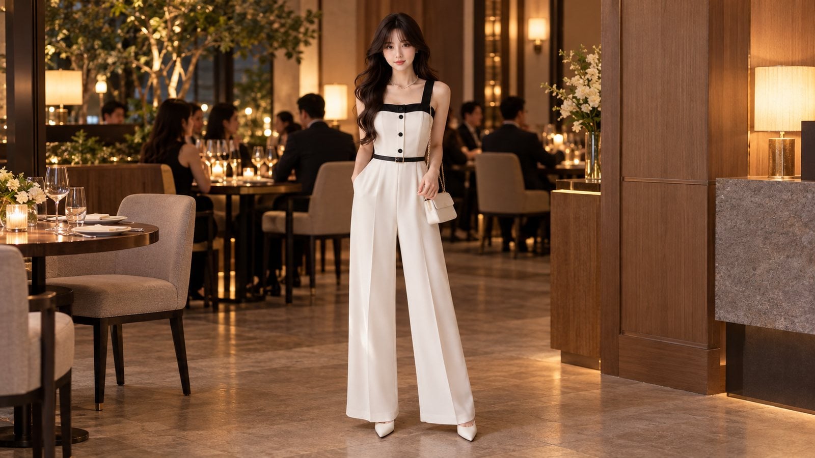 Jumpsuit ngà ống đứng và thắt lưng mảnh cho tiệc Year End Party semi-formal