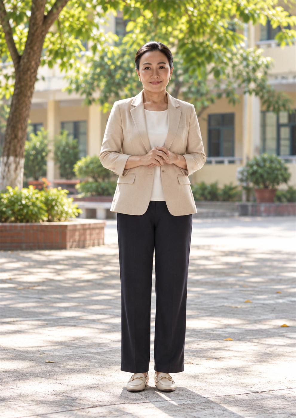 Mẹ phối blazer sáng màu với trang phục tối giản