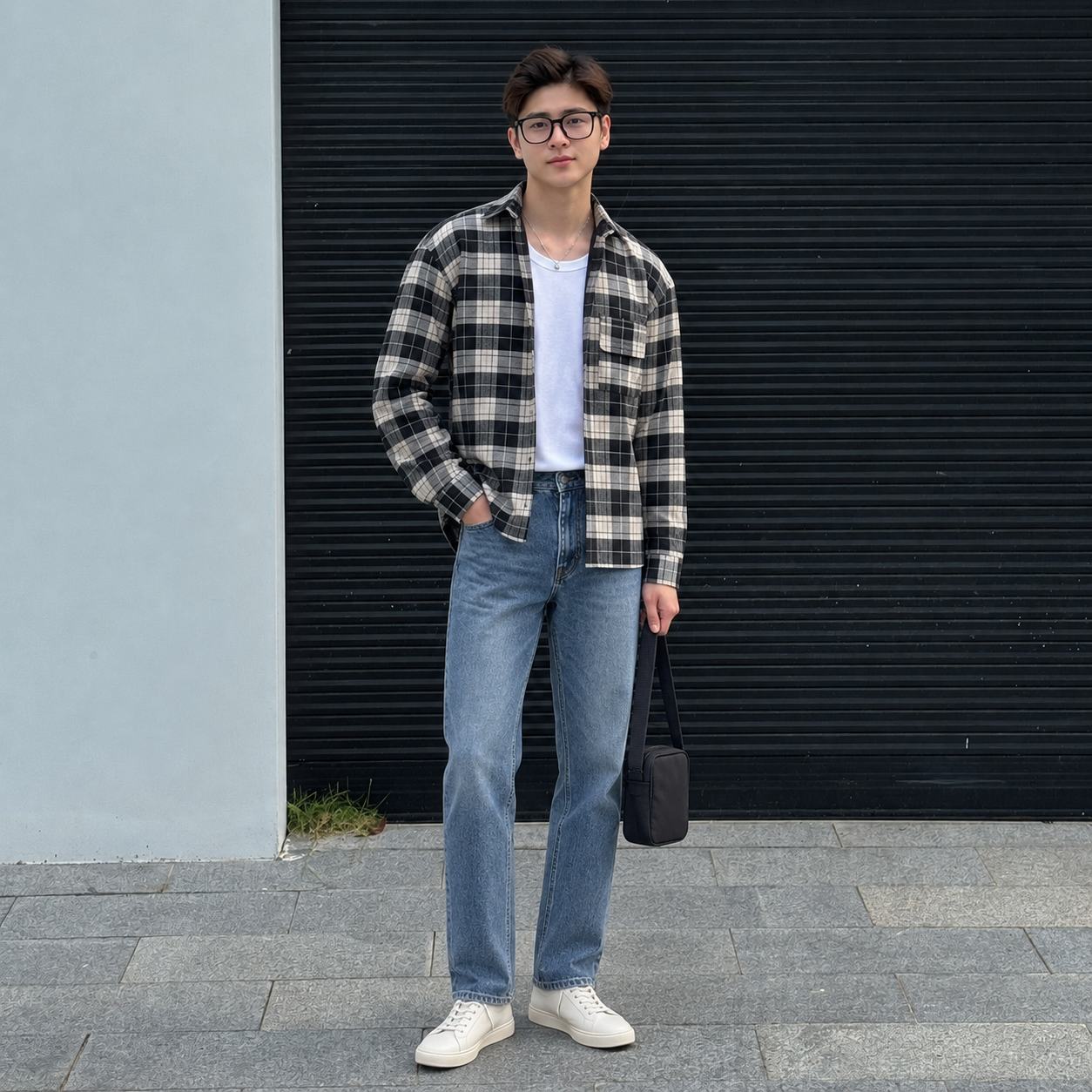 Áo thun trắng phối overshirt kẻ, jeans ống đứng và sneaker đi hẹn hò