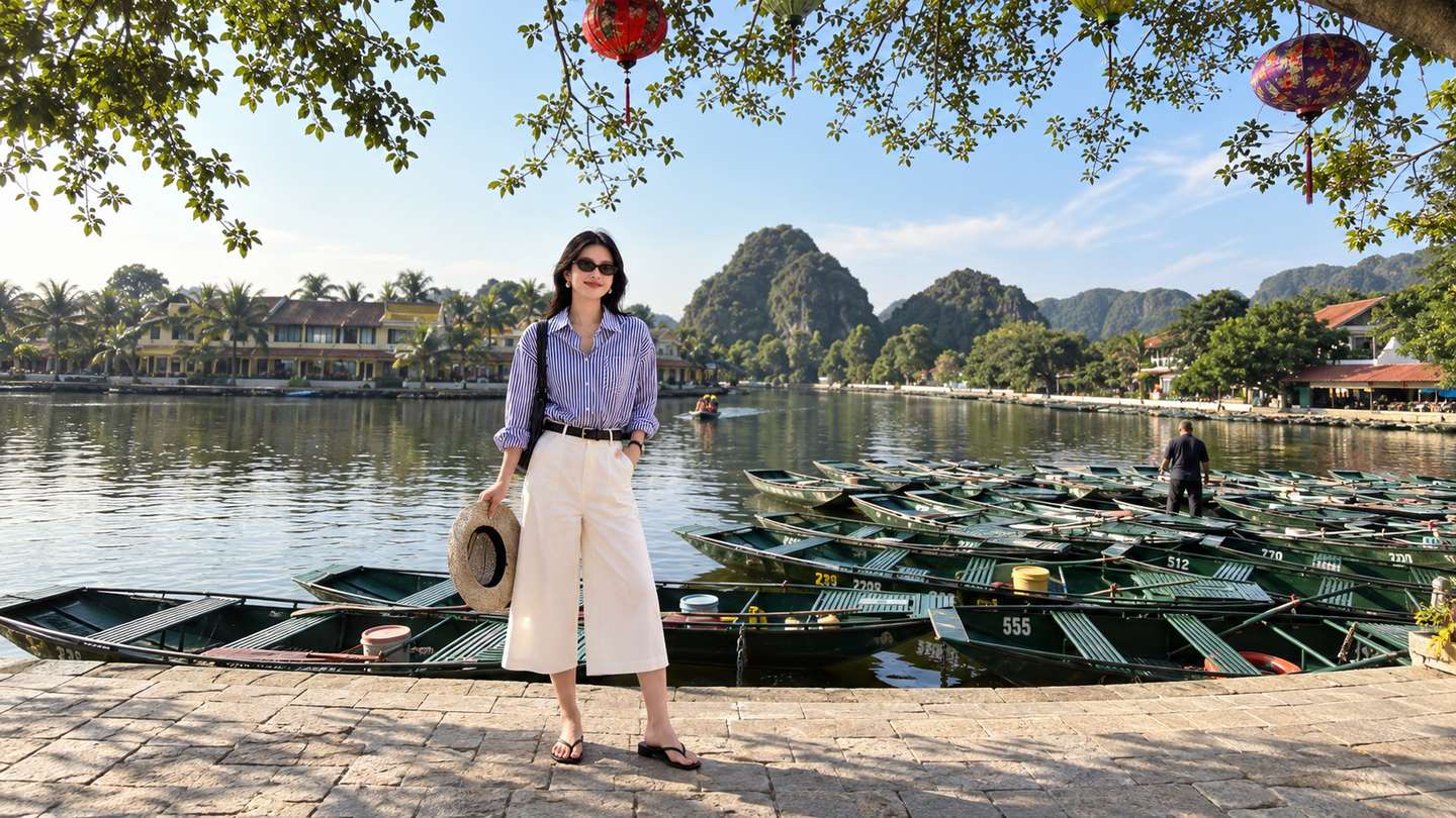 Sơ mi thoáng nhẹ và quần culottes trắng trong buổi tham quan Tam Cốc