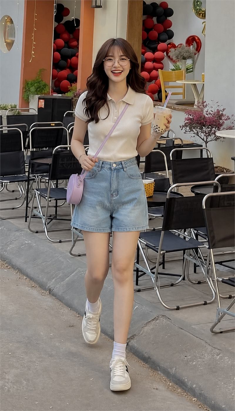 Quần sooc denim nữ màu xanh nhạt cạp cao phối áo polo trung tính