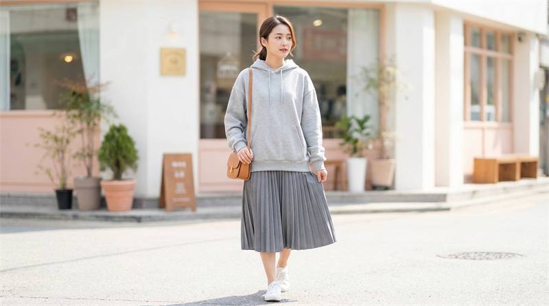 Phối hoodie trơn màu trung tính cùng chân váy chữ A, tạo vẻ ngoài năng động mà vẫn giữ nét nữ tính.