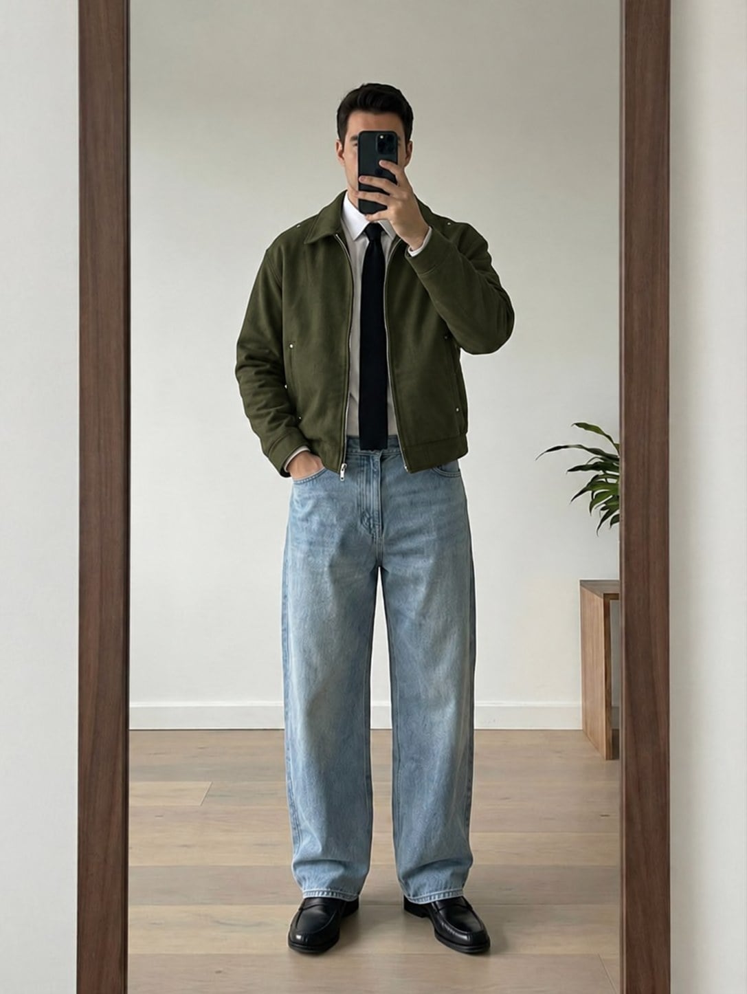 Áo khoác olive phối sơ mi trắng và jeans xanh, tận dụng đồ trung tính sẵn có.