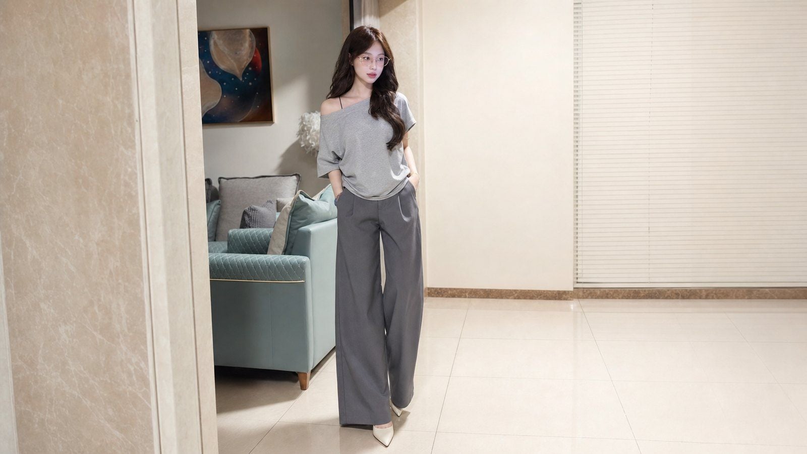 Áo trễ vai phối quần tây suông theo hướng smart casual