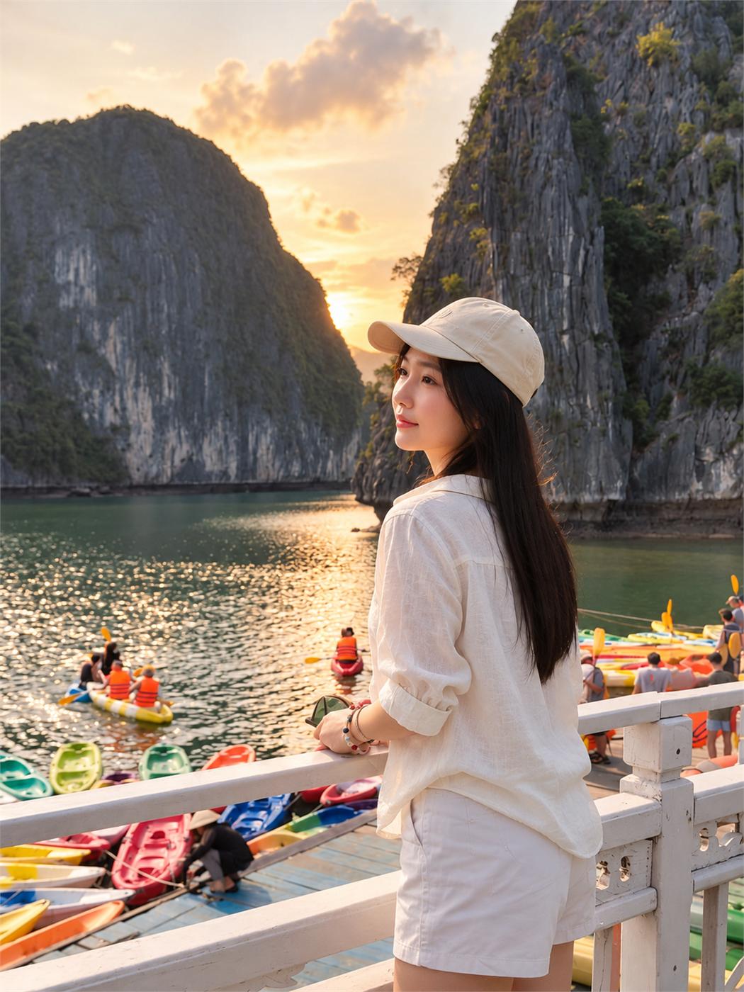 Sơ mi linen trắng, quần short và mũ lưỡi trai cho chuyến đi thuyền