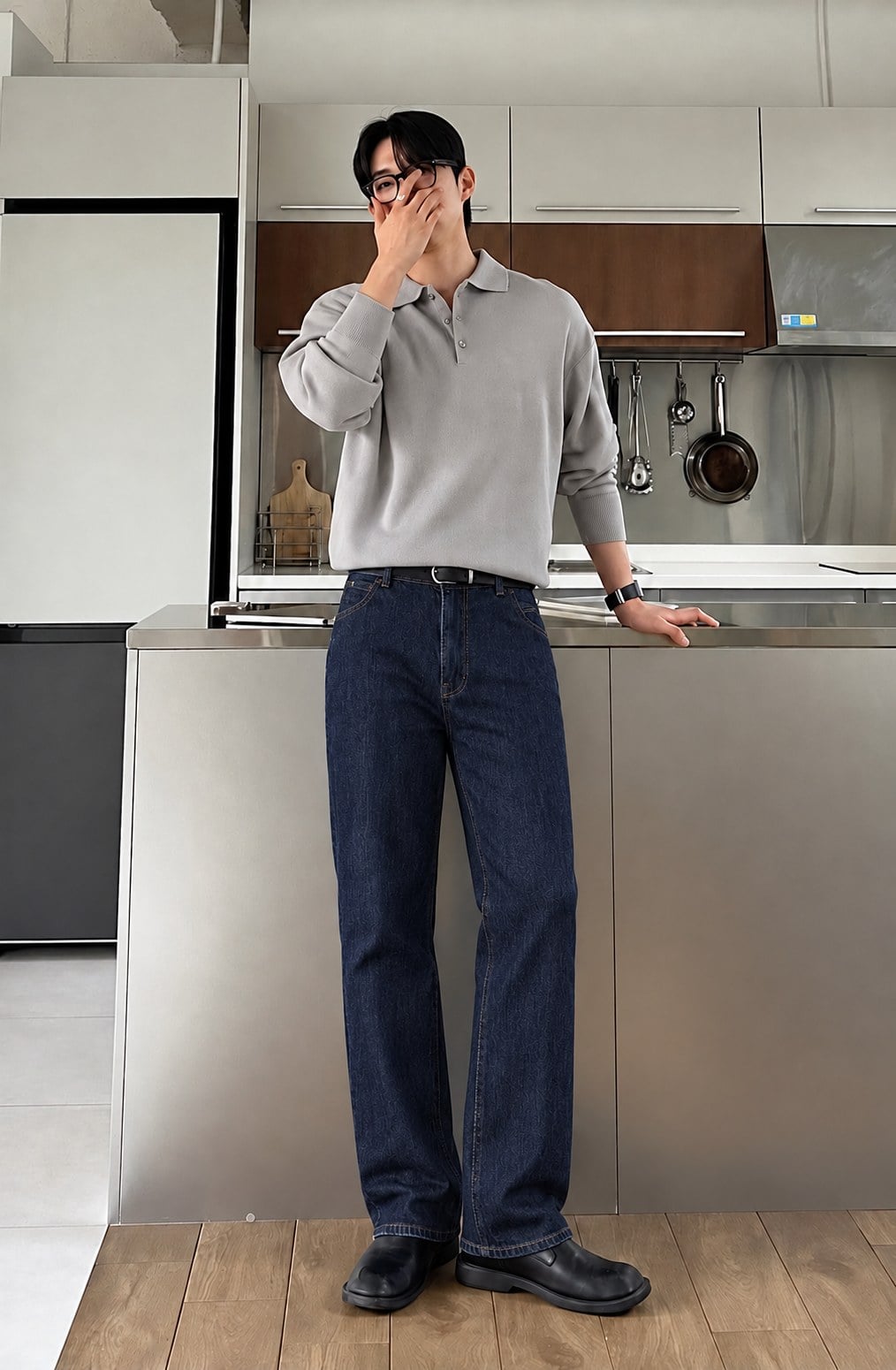 Polo dệt xám cùng jeans indigo tối màu cho buổi hẹn xem phim