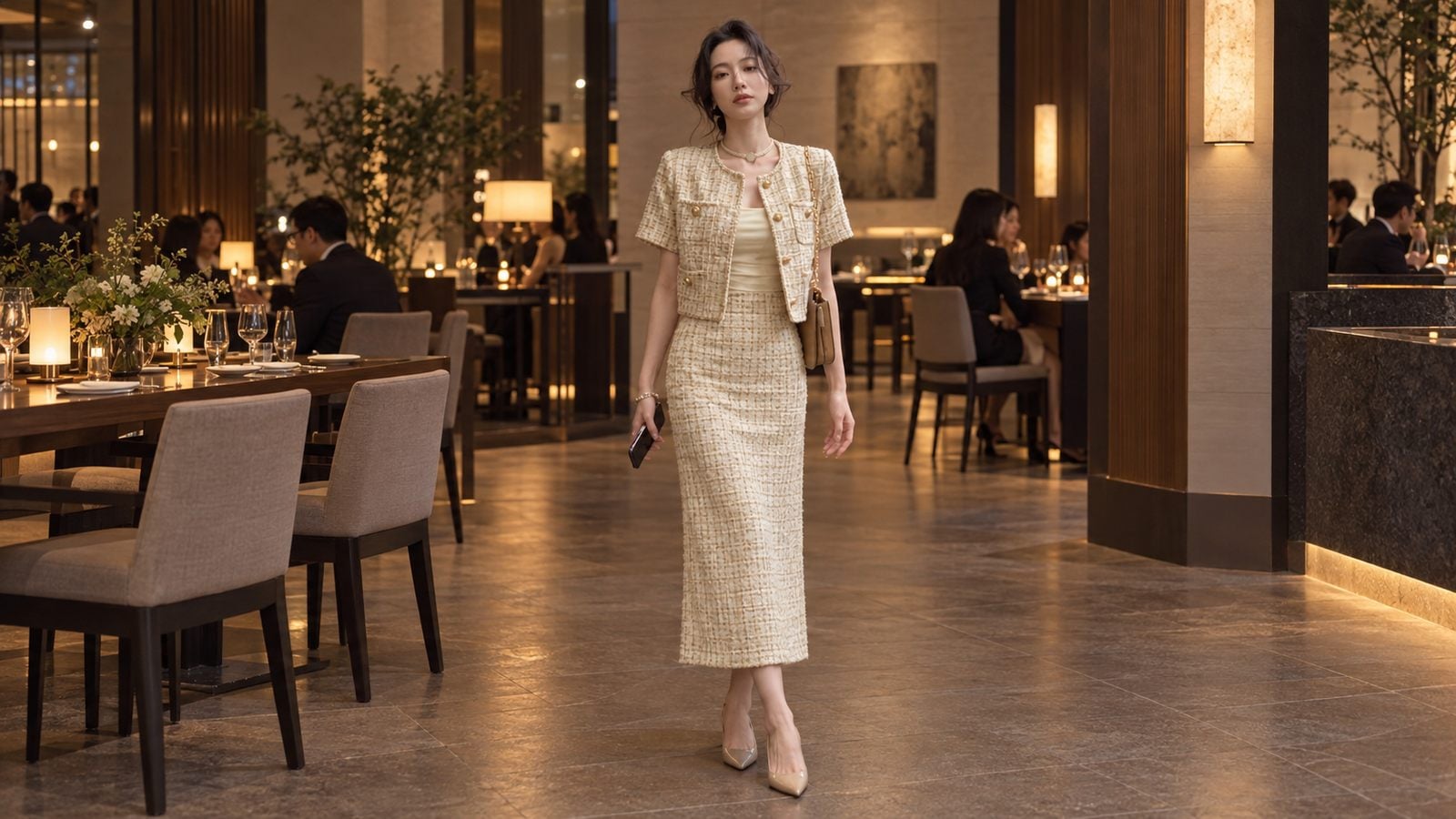 Set áo khoác và chân váy tweed đồng bộ phối giày mũi nhọn khi đi tiệc