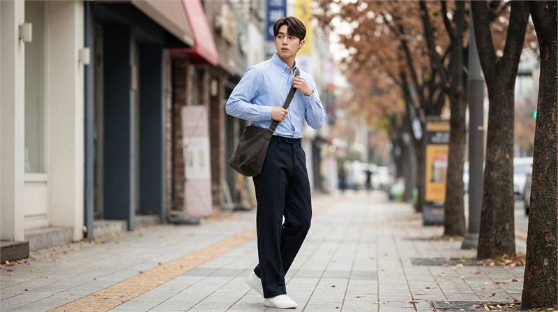 Phối đồ thanh lịch với quần ống rộng và áo sơ mi sơ vin gọn gàng, giúp eo thon và chân dài, phù hợp cho vẻ ngoài chỉn chu nhưng vẫn trẻ trung.