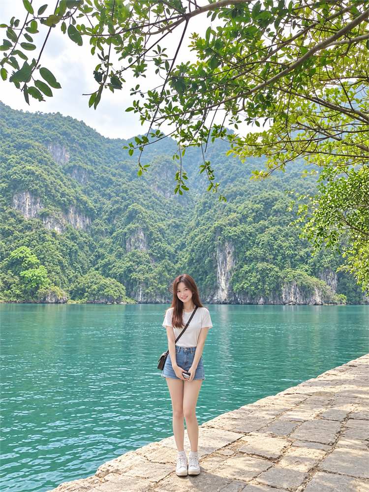 Áo thun trắng phối quần short denim và sneaker trên lối đi ven vịnh